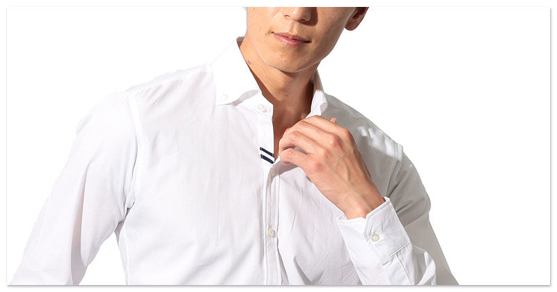 【普段の仕事はノーネクタイスタイルが多いからこそこだわる】形態安定ノーネクタイ専用ダブルラインデザインボタンダウンシャツ 日本製 Designed by Bizfront in TOKYO