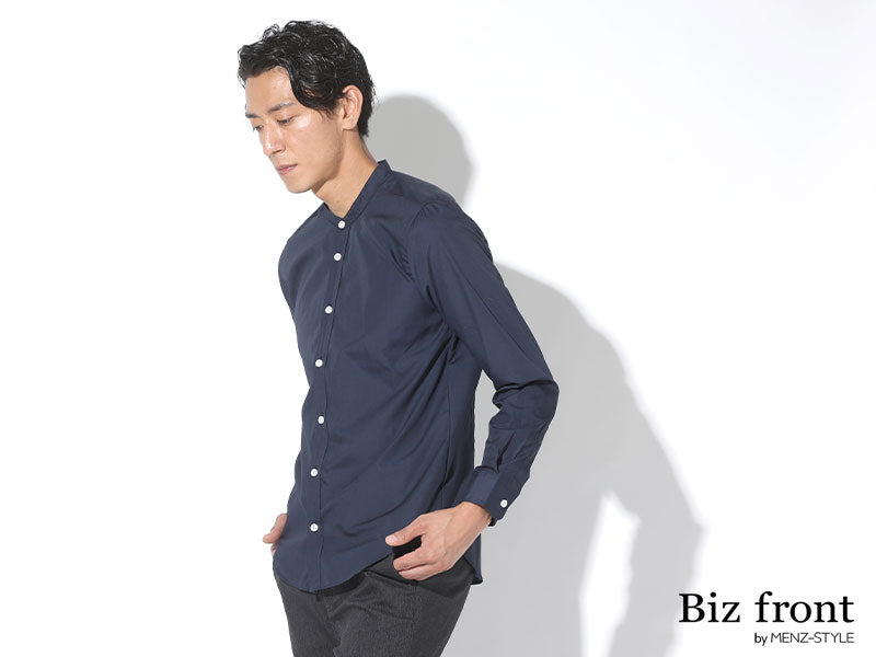 【カジュアルシャツもアイロンがけなしでお手入れ簡単】粒高ボタンイージーケアスリムバンドカラーシャツ 日本製 Designed by Bizfront in TOKYO