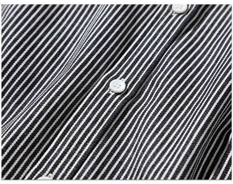 【きれいめワークシャツで現場仕事もおしゃれになる】黒地厚手スリムシルエットヒッコリーストライプドデニムシャツ 日本製 Designed by Bizfront in TOKYO