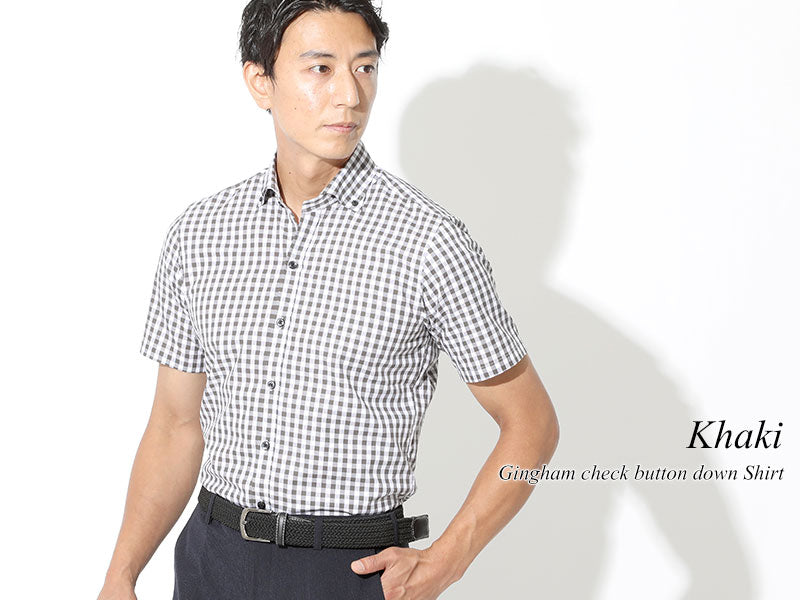 カラーギンガムチェックボタンダウン半袖スリムビジネスカジュアルシャツ 日本製 Biz