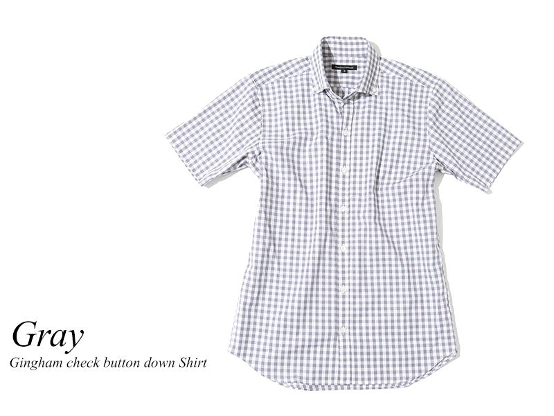 カラーギンガムチェックボタンダウン半袖ビジネスカジュアルシャツ 日本製