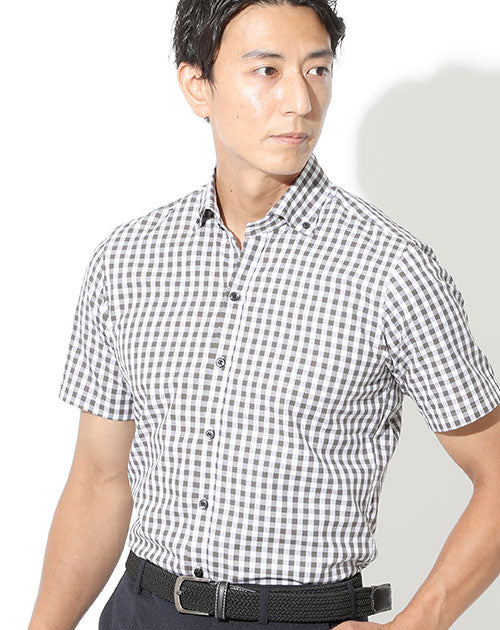 カラーギンガムチェックボタンダウン半袖ビジネスカジュアルシャツ 日本製 Designed by Bizfront in TOKYO