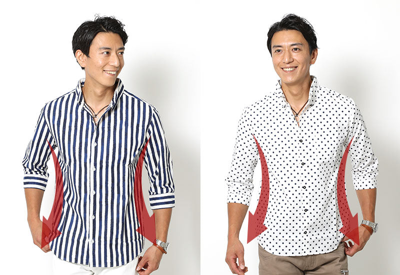 「セール商品」日本製手書き風ストライプ・ドット７分袖シャツの詳細画像