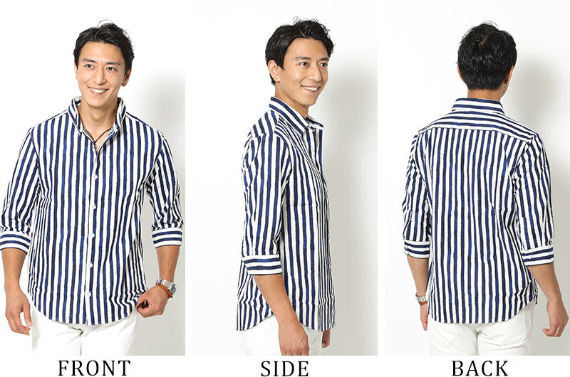 「セール商品」日本製手書き風ストライプ・ドット７分袖シャツの着用画像