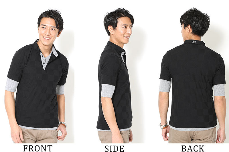 ブロックチェック半袖ポロシャツ×無地５分袖Ｔシャツ　２点セットの着用画像