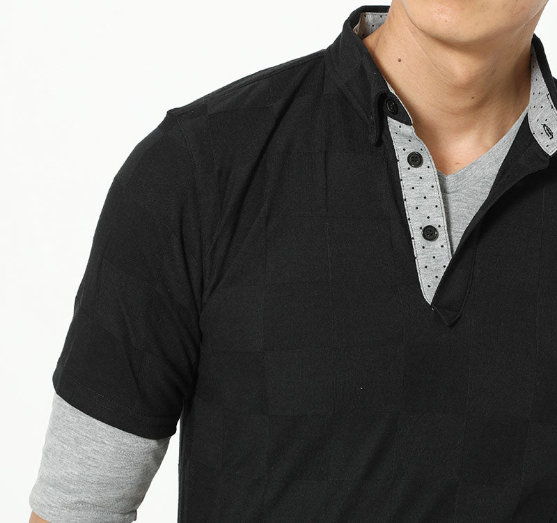 ブロックチェック半袖ポロシャツ×無地５分袖Ｔシャツ　２点セットのモデル着用画像