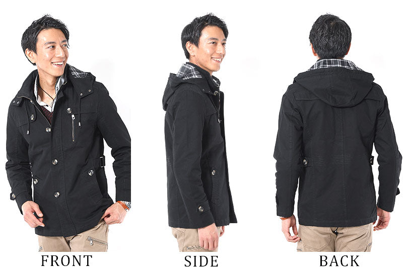 裏地チェックデザインツイルフード付きジャケットの着用画像