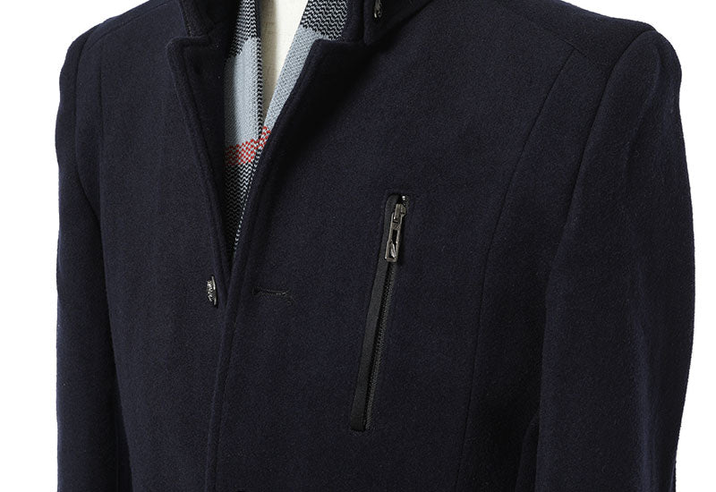 チェックマフラー付きジップデザインウールコートの詳細画像