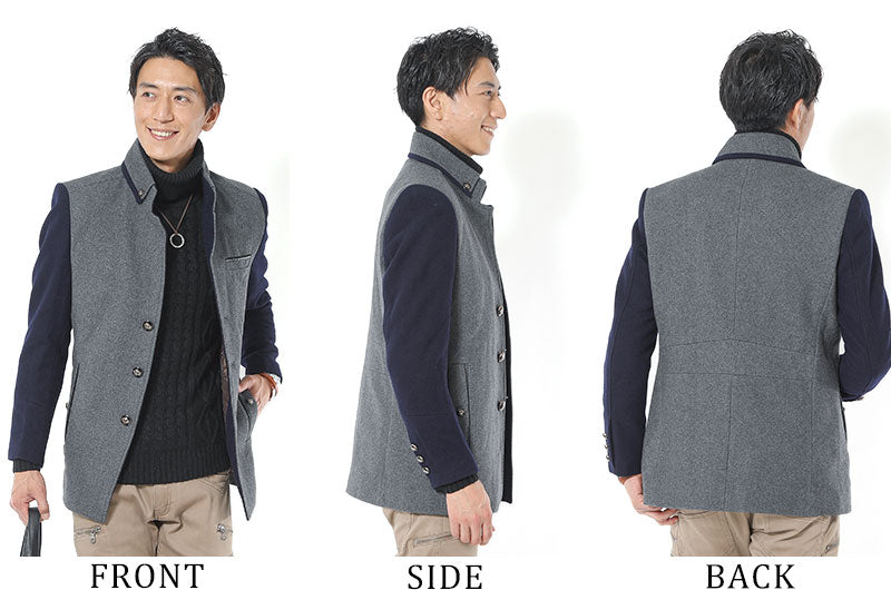 切り替えデザインスタンドカラーウールコートの着用画像