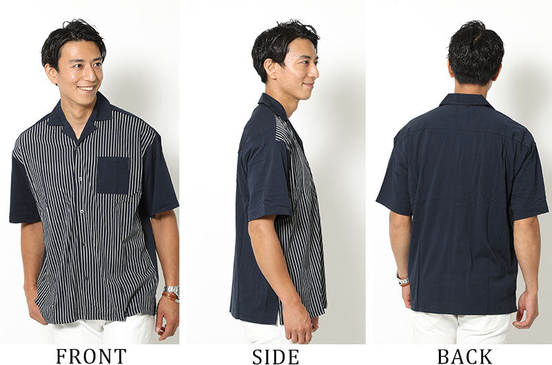 「セール品」切り替えストライプデザインオープンカラーシャツの着用画像
