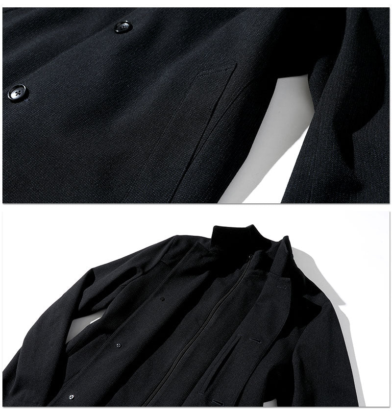 【立ち襟の二重襟が雰囲気のある男らしい印象に】フェイクレイヤードストレッチスタンドカラーコート Biz