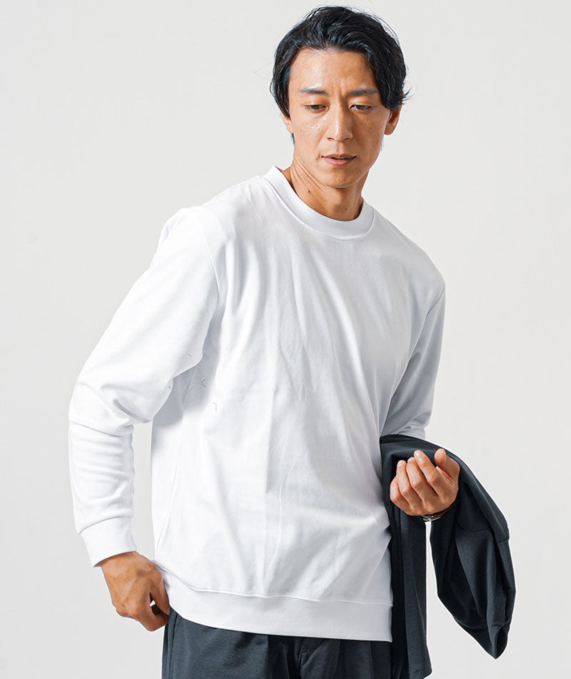 30代メンズ3点コーデセット　チャコール長袖ノーカラージャケット×白長袖Tシャツ×チャコールストレッチイージーパンツ