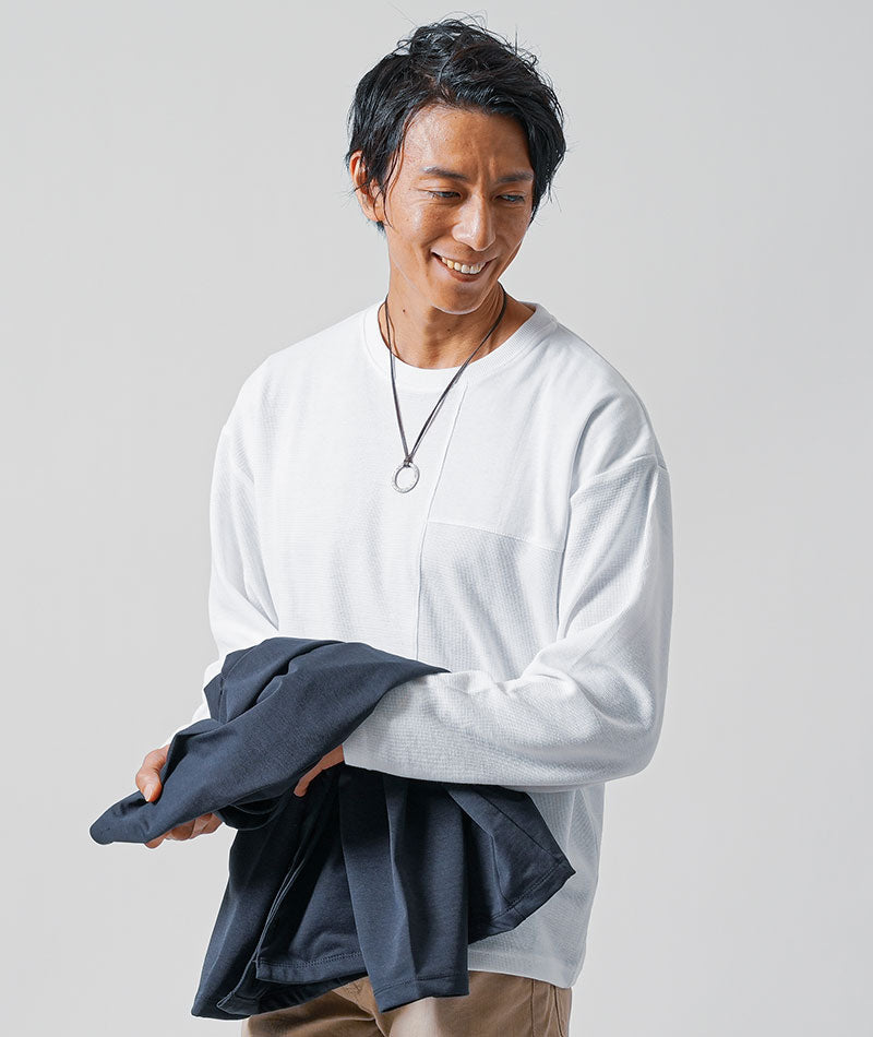 30代メンズ3点コーデセット　ネイビー長袖ノーカラージャケット×白長袖Tシャツ×ベージュスリムチノパンツ