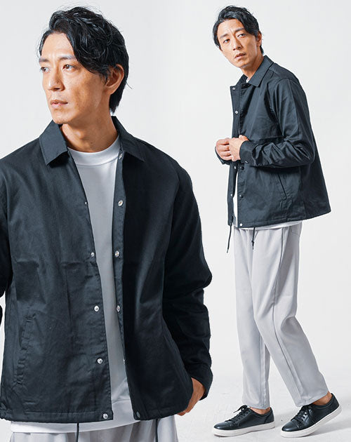 30代メンズ3点コーデセット　黒長袖コーチジャケット×白長袖Tシャツ×グレージュワイドパンツ