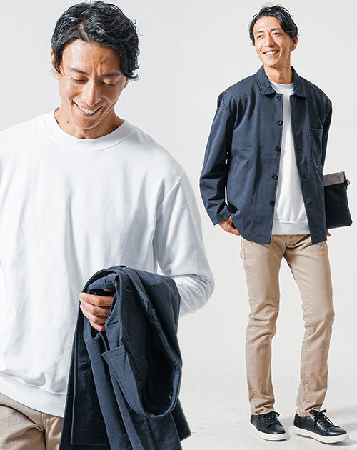 30代メンズ3点コーデセット　ネイビー長袖カバーオールジャケット×白長袖Tシャツ×ベージュスリムチノパンツ