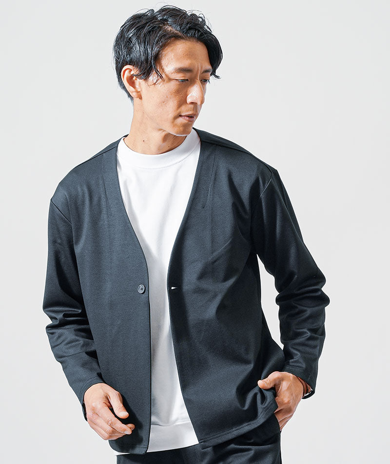 30代メンズ3点コーデセット　黒長袖ノーカラージャケット×白長袖Tシャツ×黒スリムスラックスパンツ