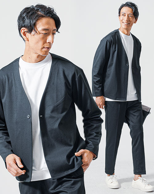 30代メンズ3点コーデセット　黒長袖ノーカラージャケット×白長袖Tシャツ×黒スリムスラックスパンツ