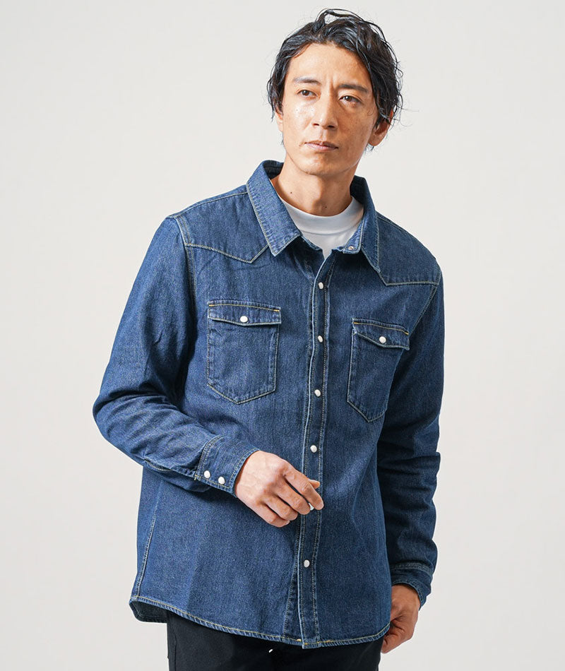 30代メンズ3点コーデセット　インディゴ長袖デニムシャツ×白長袖Tシャツ×黒スリムチノパンツ