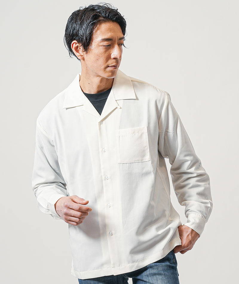 30代メンズ3点コーデセット　白長袖オープンカラーシャツ×黒長袖Tシャツ×インディゴスリムテーパードデニムパンツ