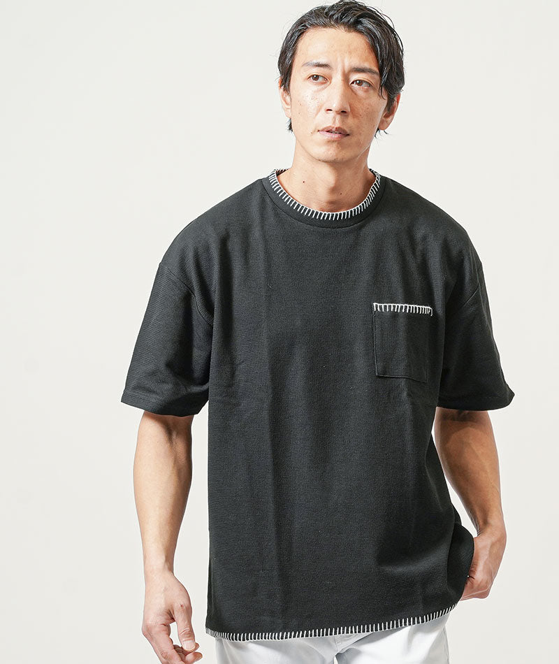 30代メンズ夏の3点コーデセット　黒半袖Tシャツ×黒オーバーサイズ半袖Tシャツ×白スリムアンクルチノパンツ