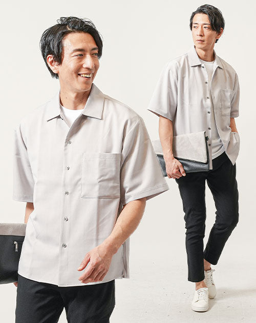 夏の3点コーデセット　グレー半袖オープンカラーシャツ×白半袖Tシャツ×黒アンクルチノパンツ