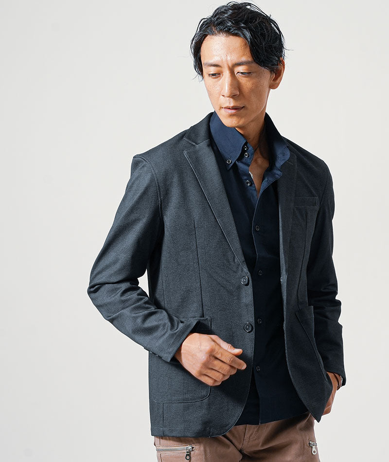 40代メンズ3点コーデセット　グレンチェック長袖テーラードジャケット×ネイビー長袖日本製シャツ×ベージュブーツカットチノパンツ