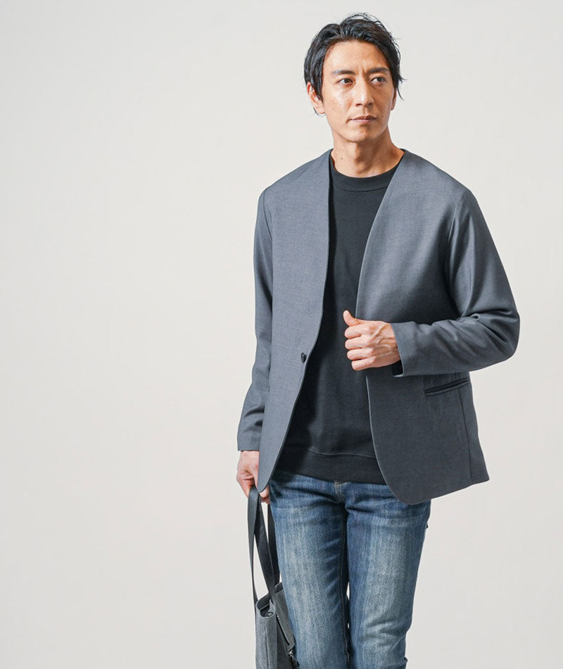 40代メンズ3点コーデセット　グレー長袖ノーカラージャケット×黒長袖Tシャツ×スリムインディゴデニムパンツ