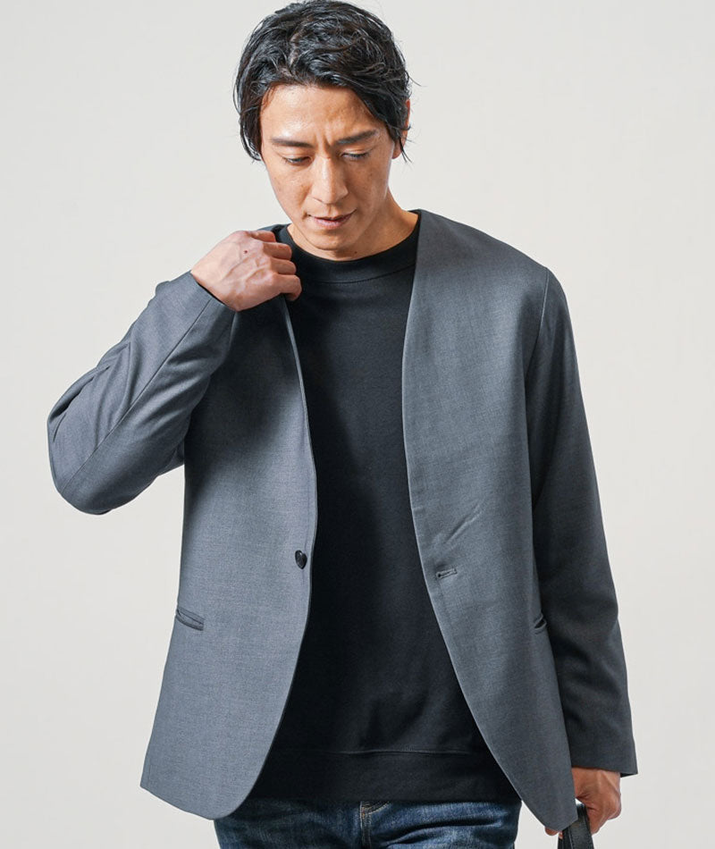 40代メンズ3点コーデセット　グレー長袖ノーカラージャケット×黒長袖Tシャツ×スリムインディゴデニムパンツ