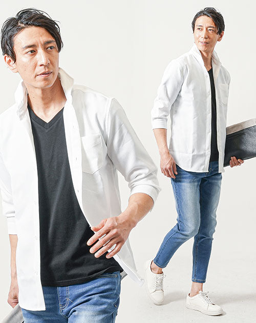 40代メンズ3点コーデセット　白7分袖シャツ×黒半袖VネックTシャツ×ブルーアンクルデニムパンツ