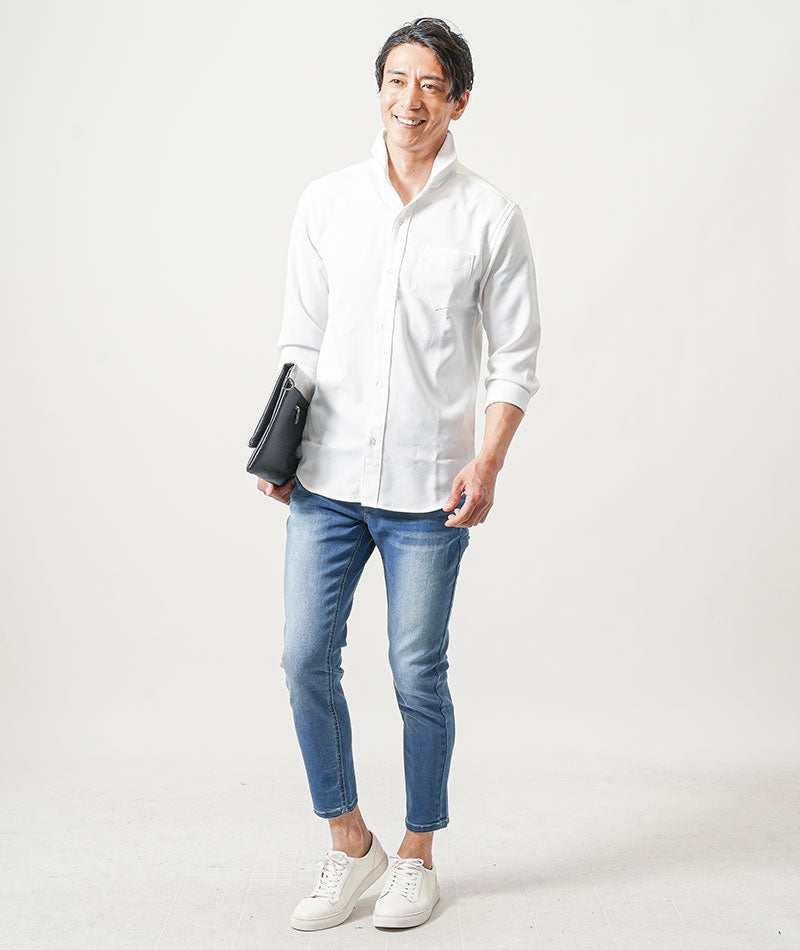【服選びに迷わない40代全身コーディネートセット】
40代メンズ3点コーデセット　白7分袖シャツ×白半袖Tシャツ×ブルーアンクルデニムパンツ