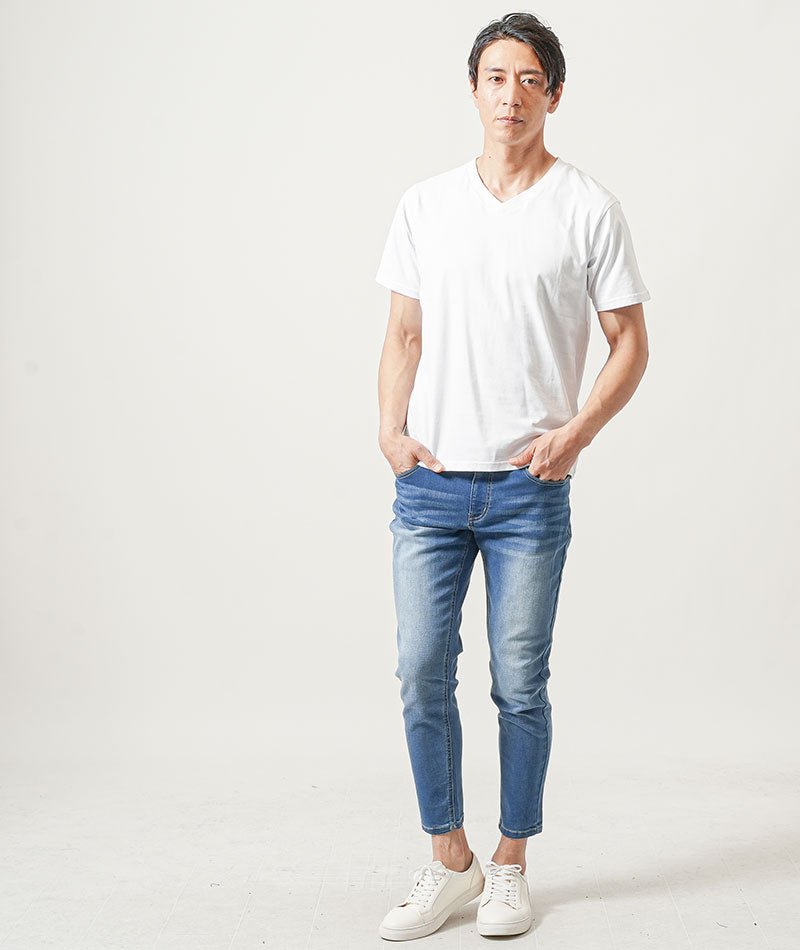 【服選びに迷わない40代全身コーディネートセット】
40代メンズ3点コーデセット　白7分袖シャツ×白半袖Tシャツ×ブルーアンクルデニムパンツ