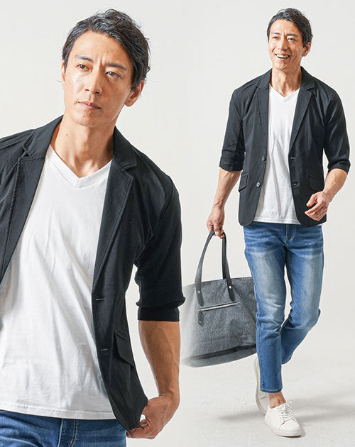 40代メンズ3点コーデセット　黒7分袖テーラードジャケット×白半袖Tシャツ×ブルーアンクルデニムパンツ