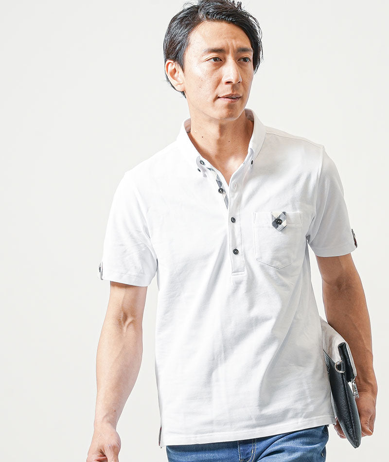 【服選びに迷わない40代全身コーディネートセット】40代メンズ夏の3点コーデセット　黒7分袖テーラードジャケット×白半袖ポロシャツ×ブルーアンクルデニムパンツ