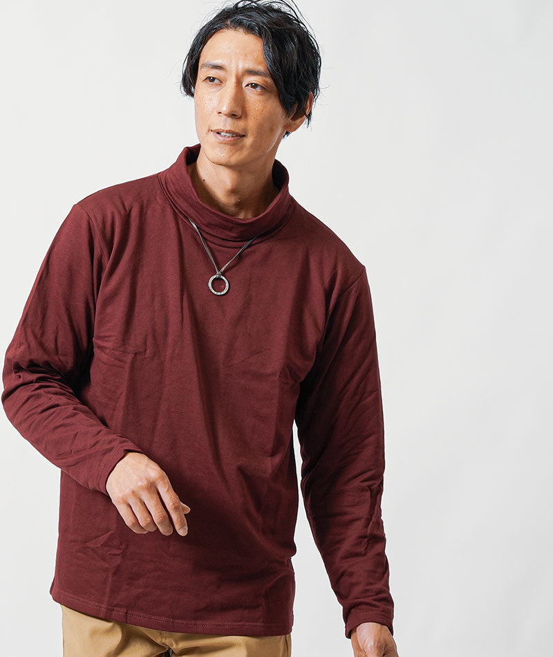 40代メンズ冬のトップス3点コーデセット　グレンチェックロングコート×黒ニットアウター×ワインタートルネックTシャツ