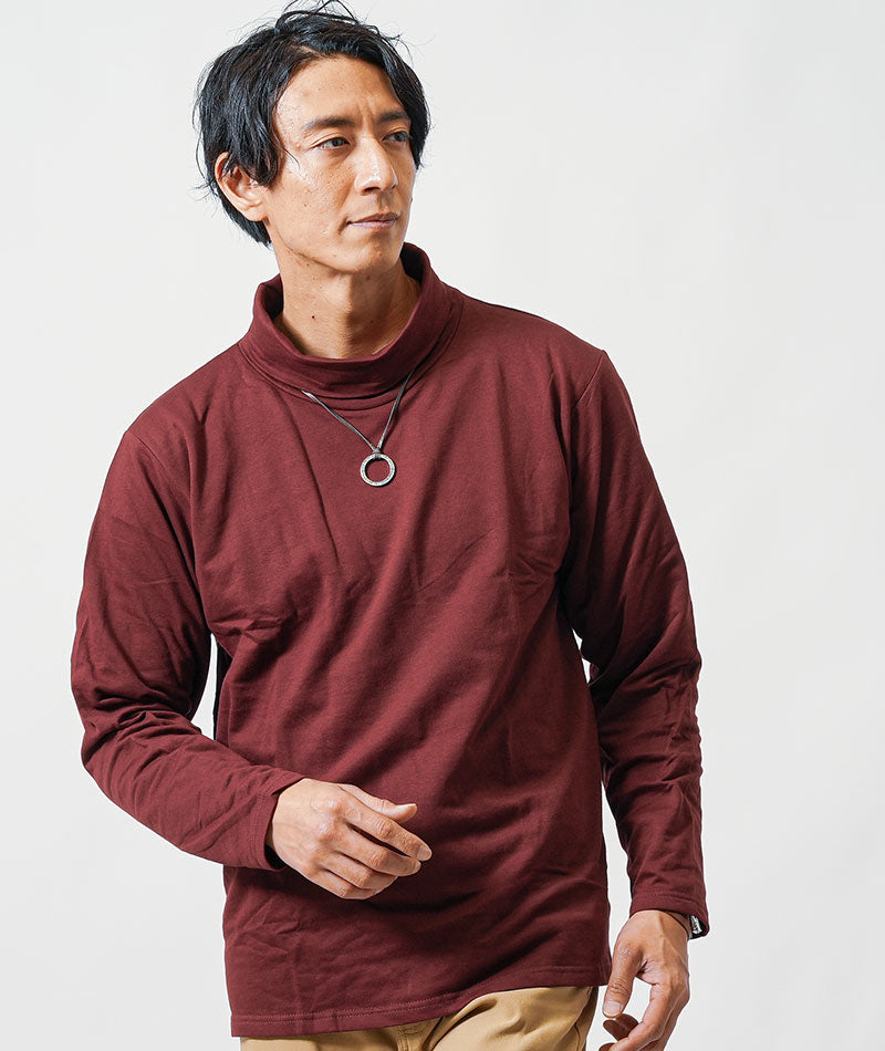 40代メンズ冬のトップス3点コーデセット　グレンチェックロングコート×黒ニットアウター×ワインタートルネックTシャツ