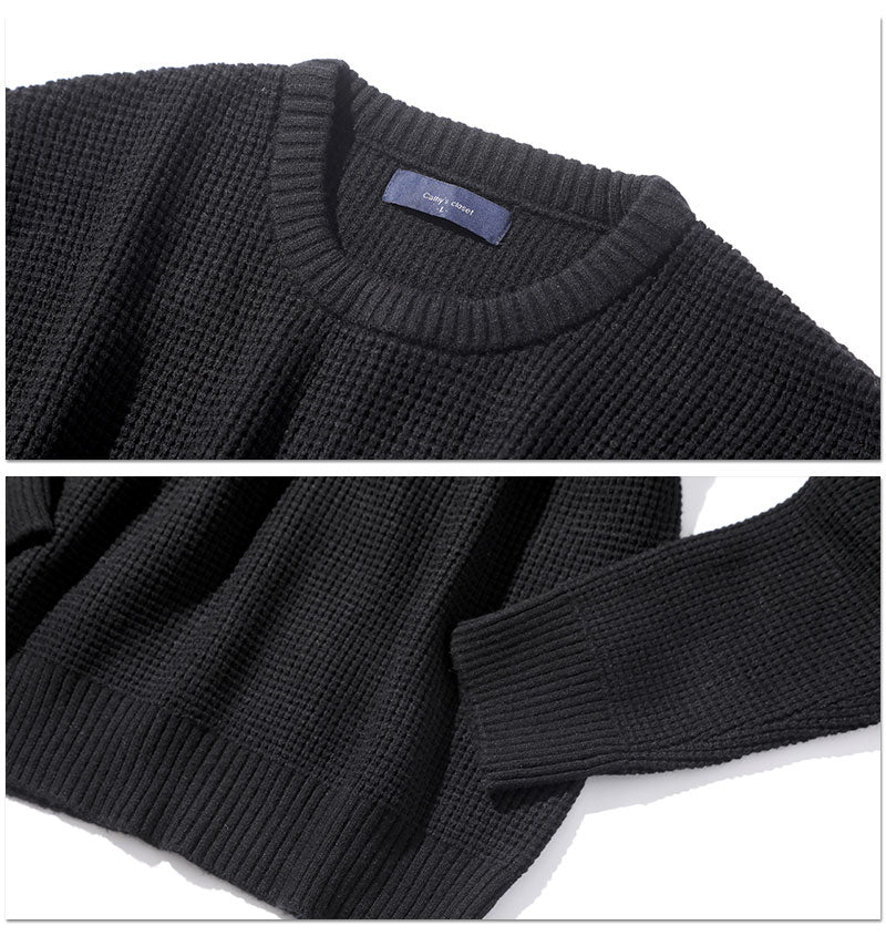 形態安定ワッフル編みゆったりシルエットクルーネックニットセーター