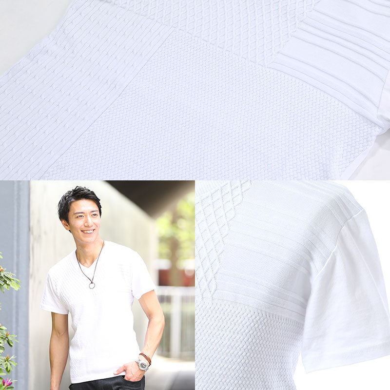 編み地切り替えデザインＶネック半袖カットソー