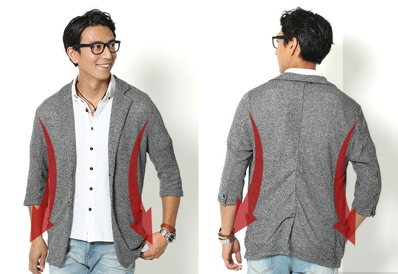 「セール品」タック編みデザインニットソー７分袖テーラードジャケットの詳細画像
