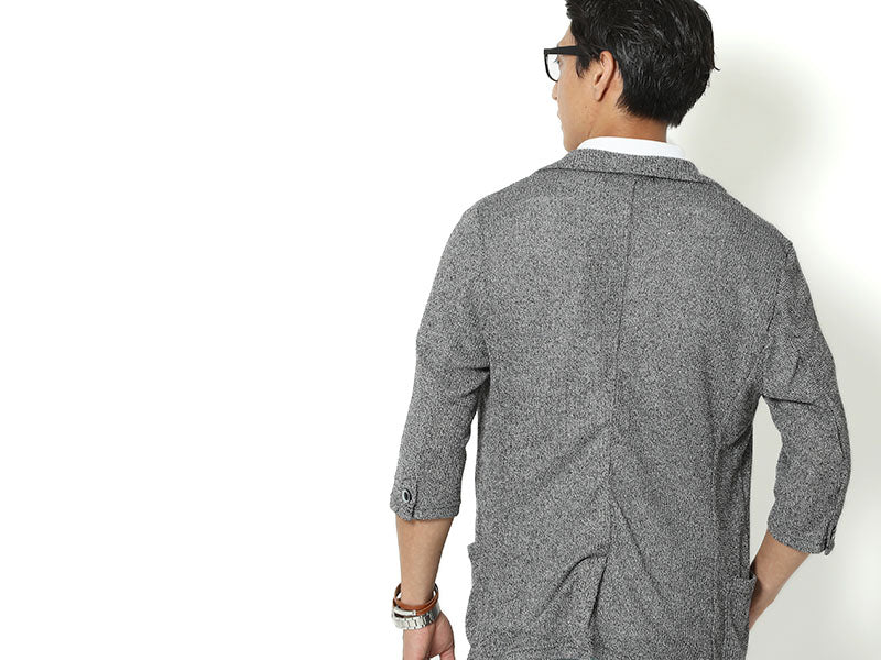 「セール品」タック編みデザインニットソー７分袖テーラードジャケットのモデル着用画像