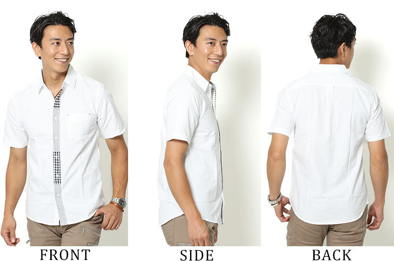 「セール商品」１００％コットン前立て切替チェックデザイン半袖シャツの着用画像