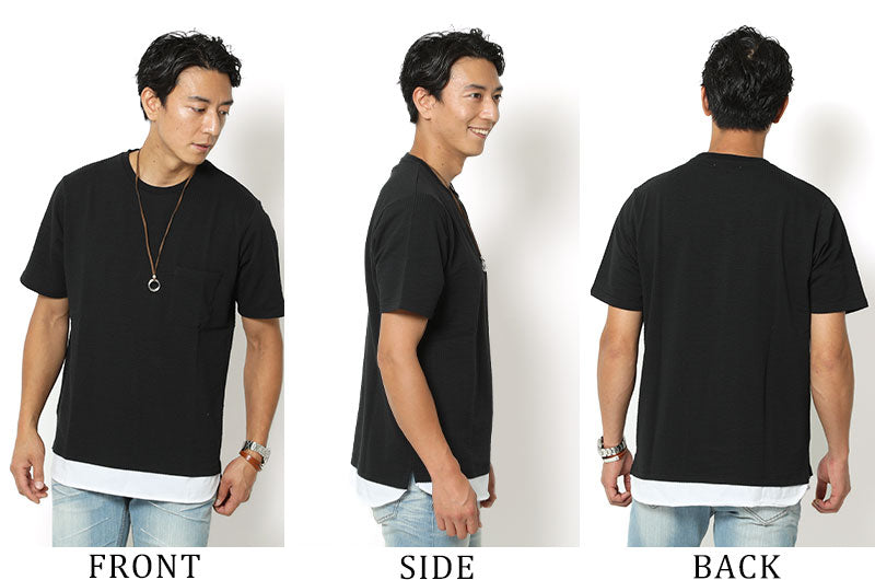 「セール品」フェイクレイヤードデザインTシャツ×ダブルリングネックレス　２点セットの着用画像