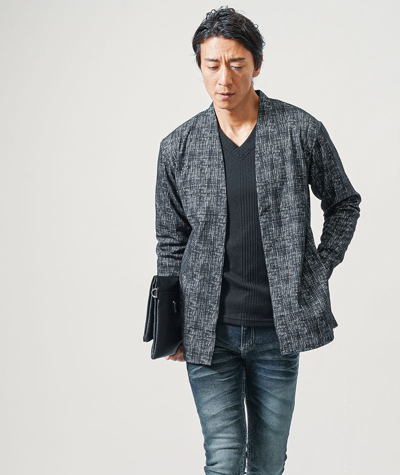 ちょいワル・イケオジメンズ3点コーデセット　黒長袖カーディガン×黒長袖Tシャツ×ダークブルーテーパードデニムパンツ