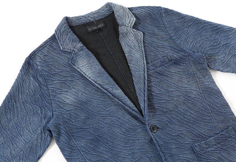 インディゴ染め膨れジャガードデザイン5分袖テーラードジャケットの詳細画像