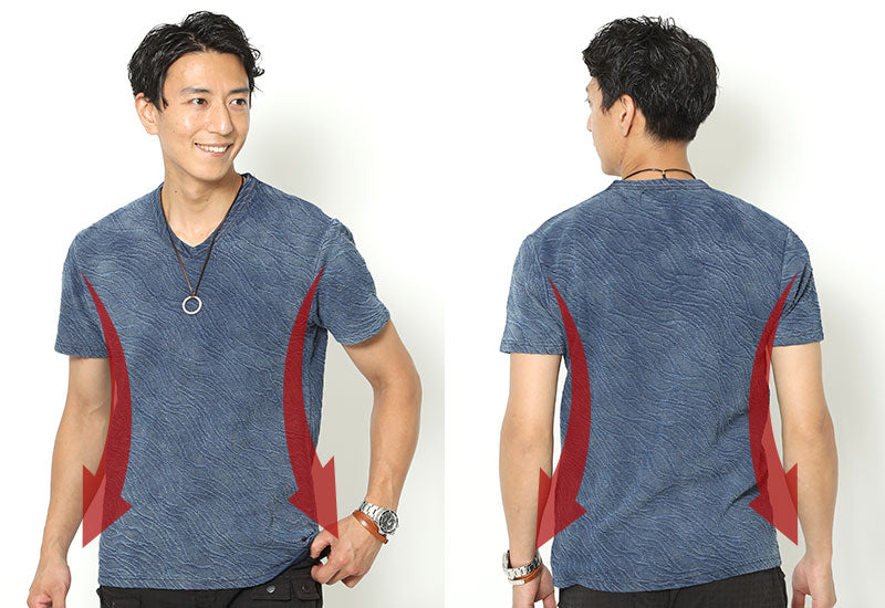 インディゴ染め膨れジャガードデザインVネックTシャツの詳細画像
