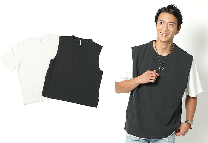 「セール品」リラックスシルエット半袖Tシャツ×シンプルベスト　２点セットの詳細画像