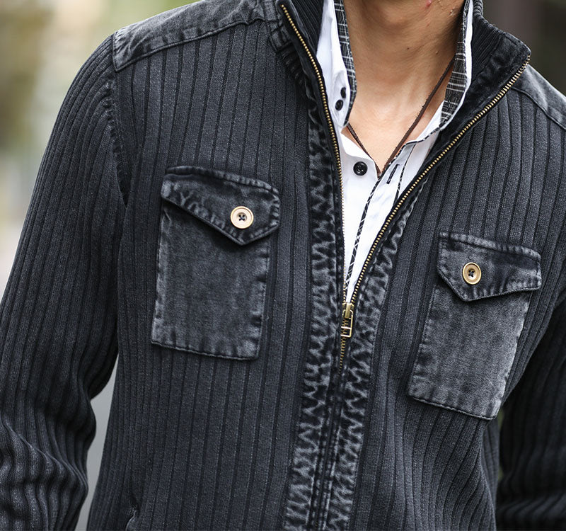 ベロアポケットデザインリブ編みスタンドジャケットのモデル着用画像