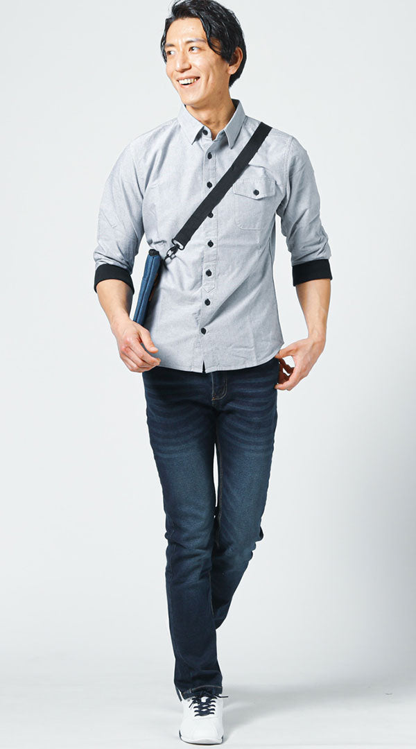 連休に着る服メンズ3点コーデセット  グレーリブデザイン7分袖シャツ×白スリム7分袖ポロシャツ×スリムストレッチデニムパンツ