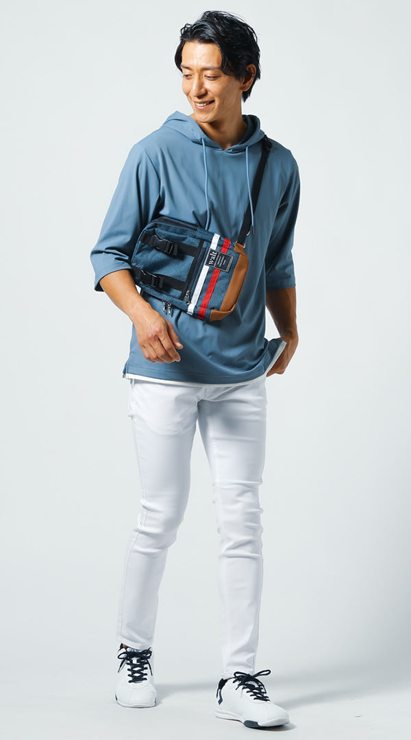 社内恋愛デート服メンズ3点コーデセット ネイビーボーダー半袖Tシャツ×ブルー7分袖サマーパーカー×白ストレッチスリムパンツ