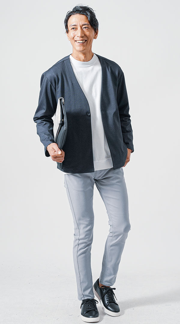 30代メンズ3点コーデセット　ネイビーノーカラージャケット×白長袖Tシャツ×グレースリムチノパンツ