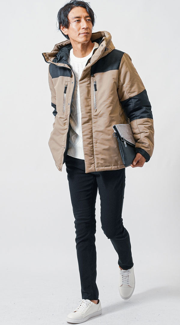 30代メンズ冬の3点コーデセット　ベージュ中綿ジャケット×白長袖ニットTシャツ×黒スリムチノパンツ